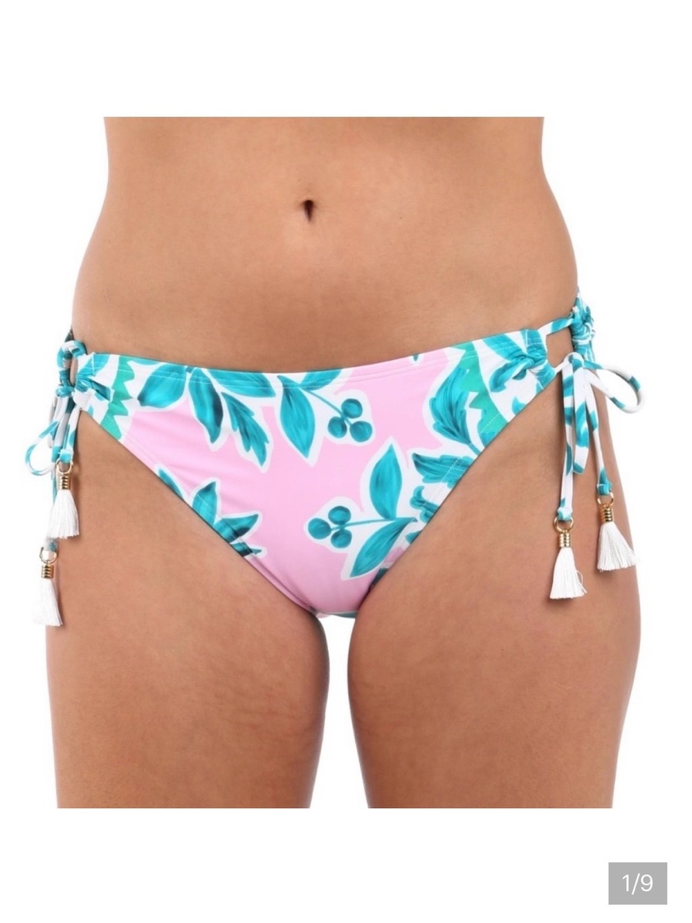 La Blanca Pink & Teal Floral Side-Tie Bikini Bottoms with Tassel Accents